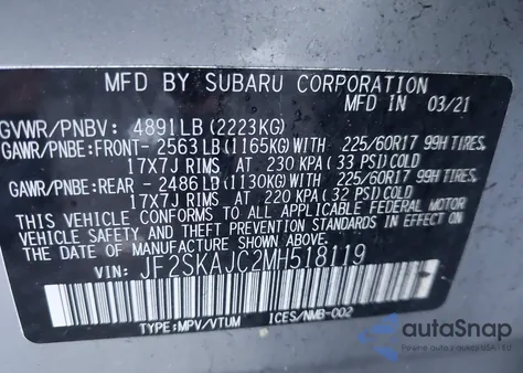 2021 Subaru Forester Premium из США, поврежденный, VIN JF2SKAJC2MH518119